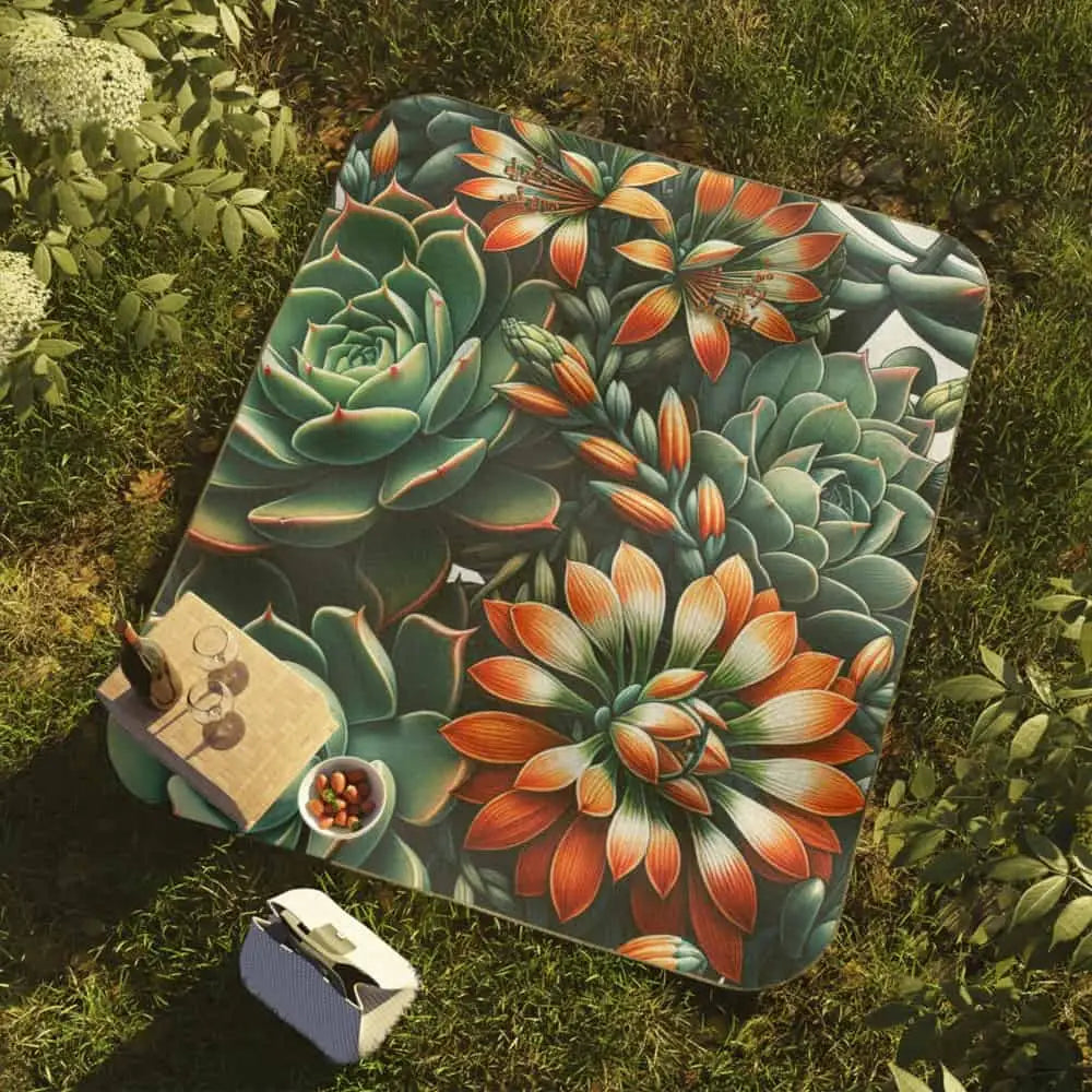 Picnic Blanket with Succulent Pattern and Mixed Green Hues