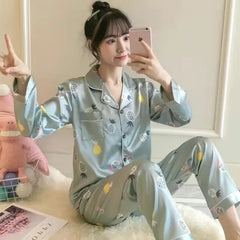 Pineapple Ice Silk 2 Piece Set Long Sleeve Pajama