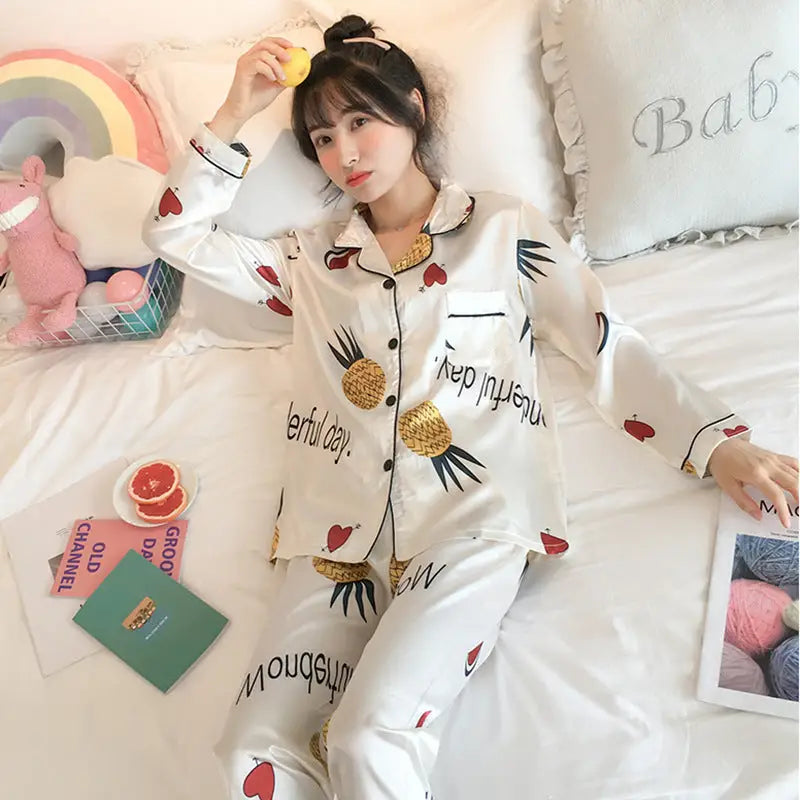 Pineapple Ice Silk 2 Piece Set Long Sleeve Pajama