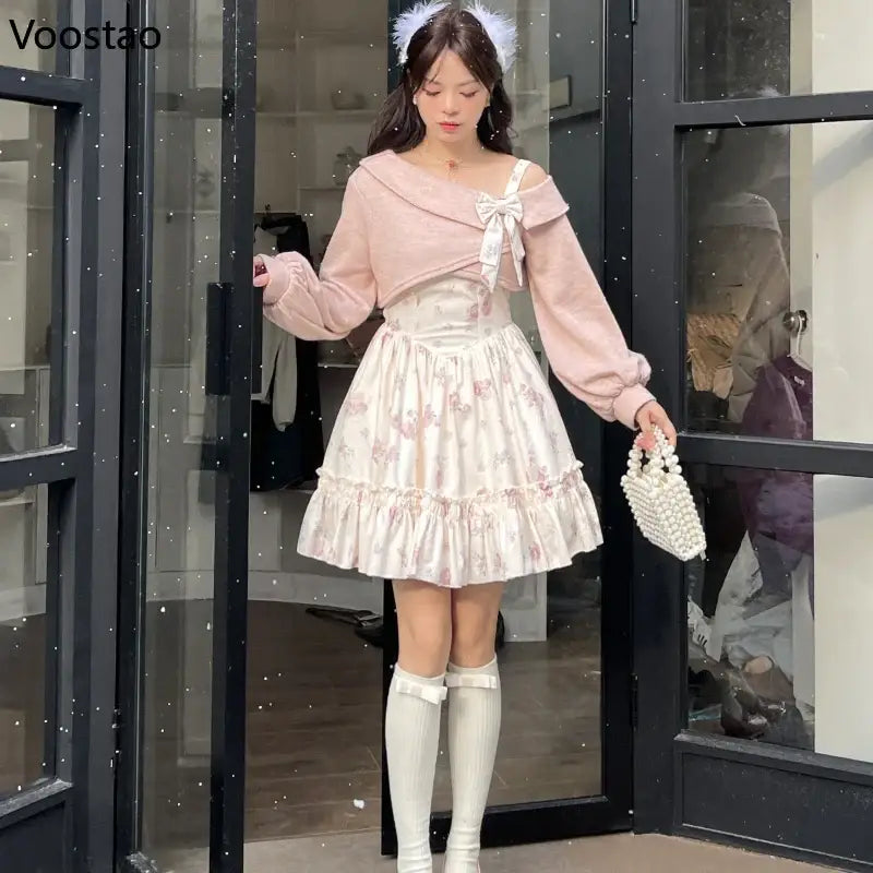 Pink Bow Knitted Coat Floral Mini Dress - 2 Piece Set