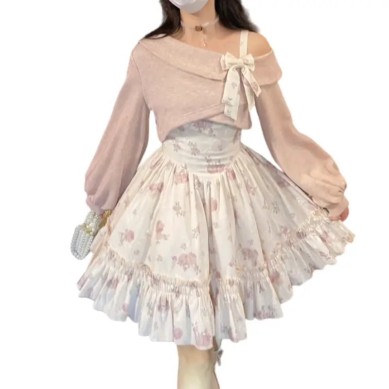 Pink Bow Knitted Floral Mini Dress inches shoulder length