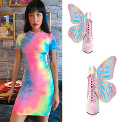 Pink Butterfly Wings PU Leather Stiletto Boots Euro Size