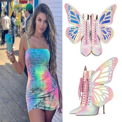 Pink Butterfly Wings PU Leather Stiletto Boots Euro Size