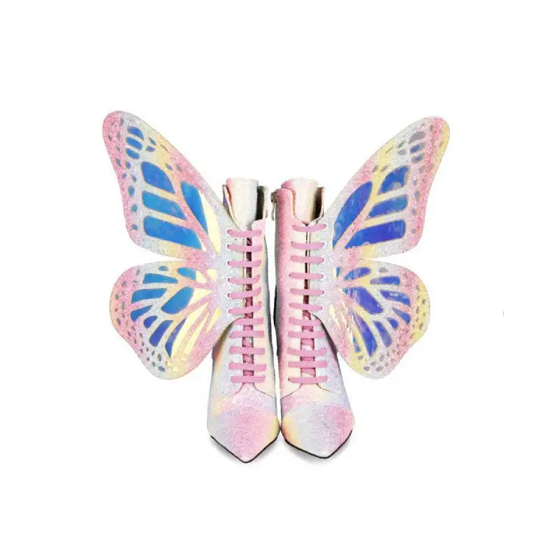 Pink Butterfly Wings PU Leather Stiletto Boots Euro Size