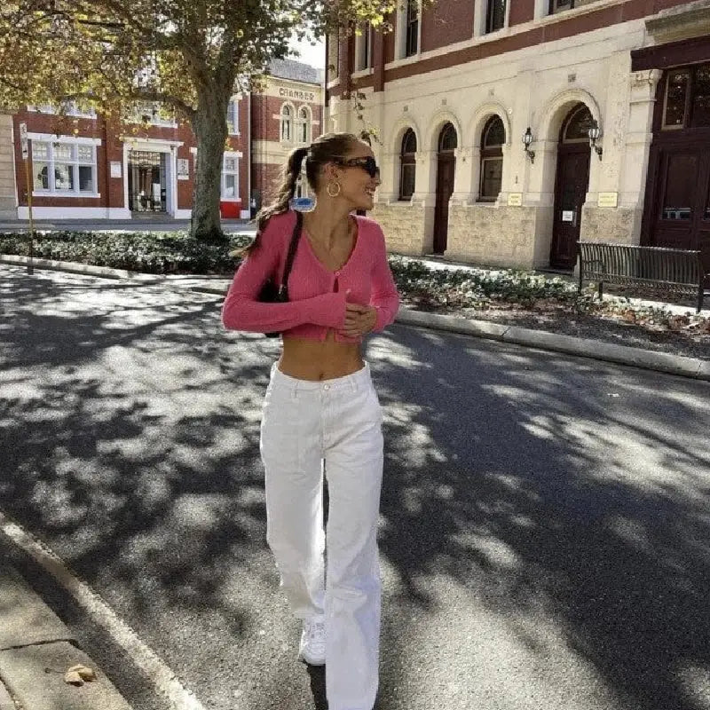 Pink Button Knitted Cropped Sweater Cardigan