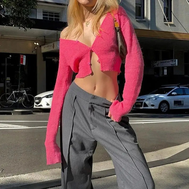 Pink Button Up Knitted Cropped Sweaters