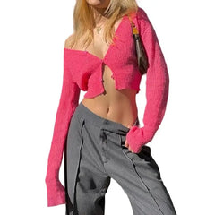 Pink Button Up Knitted Cropped Sweaters - S