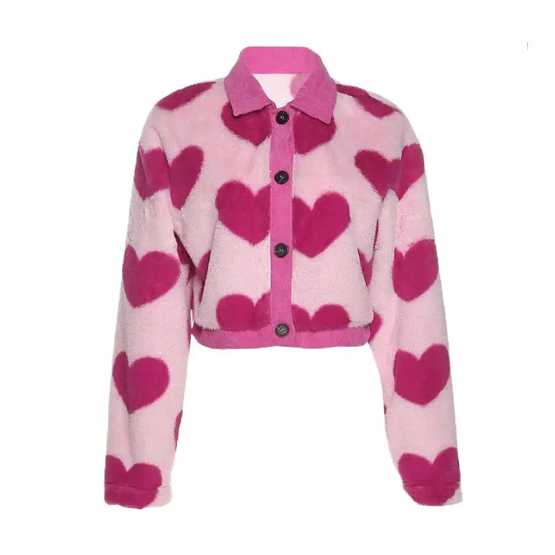 Pink Cropped Jacket Faux Fur Hearts