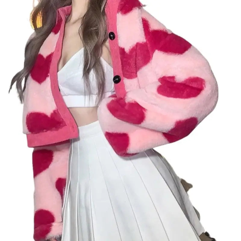 Pink Cropped Jacket Faux Fur with Heart Design