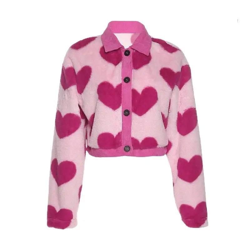 Pink Cropped Jacket Faux Fur with Heart Design / S