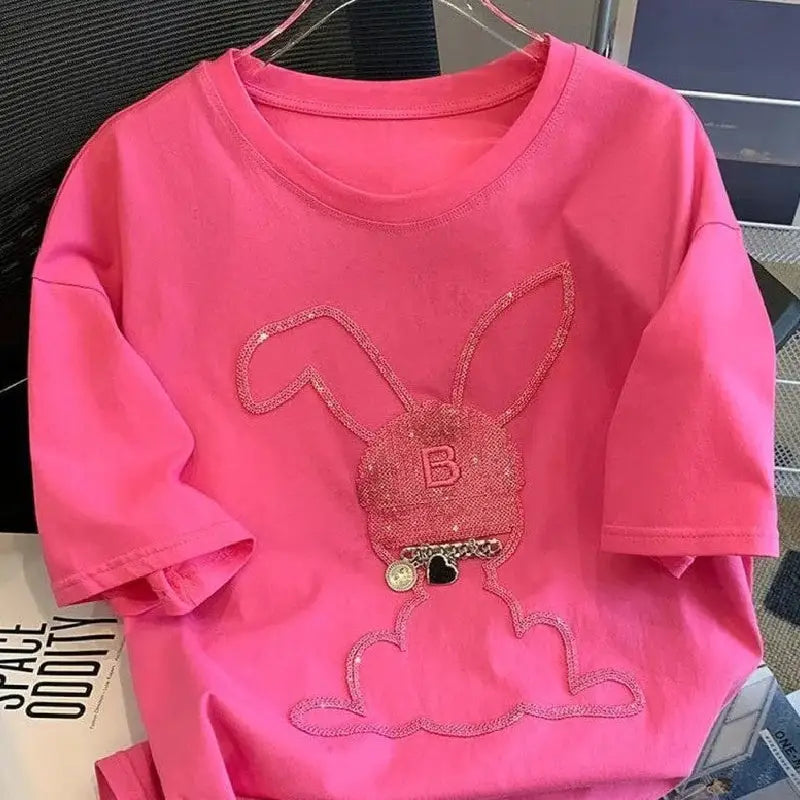 Pink Cute Bunny Rabbit Cartoon Embroidery T-Shirts