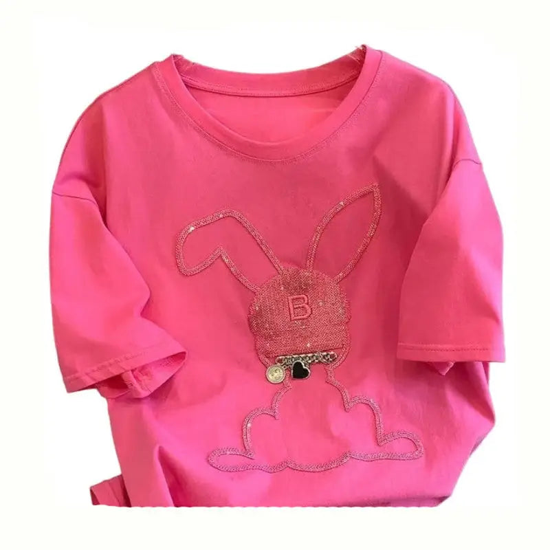 Pink Cute Bunny Rabbit Cartoon Embroidery T-Shirts - S
