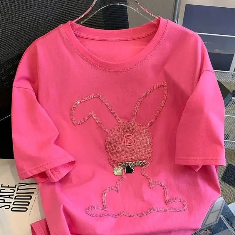 Pink Cute Bunny Rabbit Embroidery T Shirt