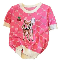 Pink Embroidery Cartoon Deer Knitted top - Rose / S