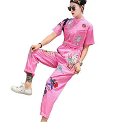 Pink Embroidery Sequined Denim Jumpsuit