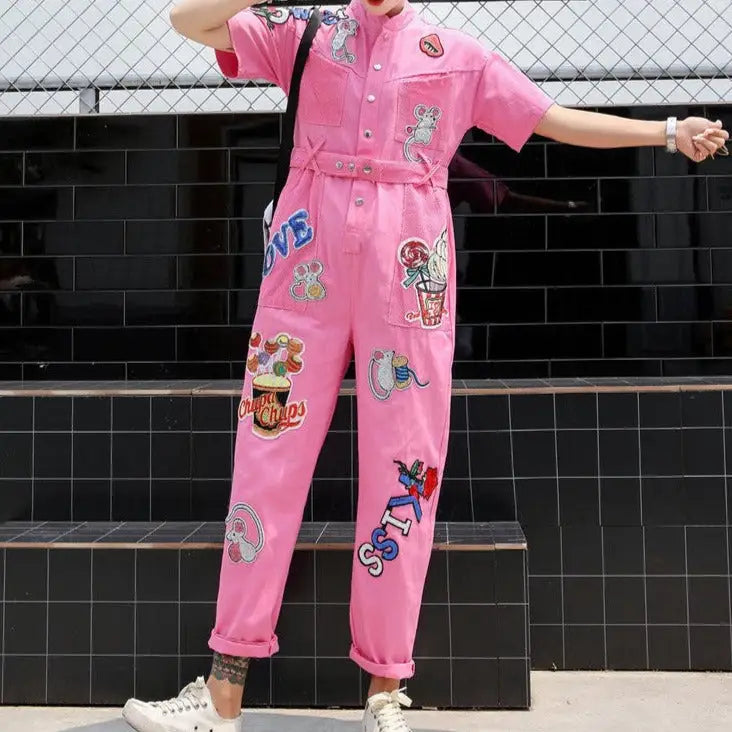 Pink Embroidery Sequined Denim Jumpsuit