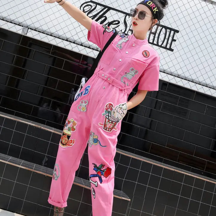 Pink Embroidery Sequined Denim Jumpsuit - XL