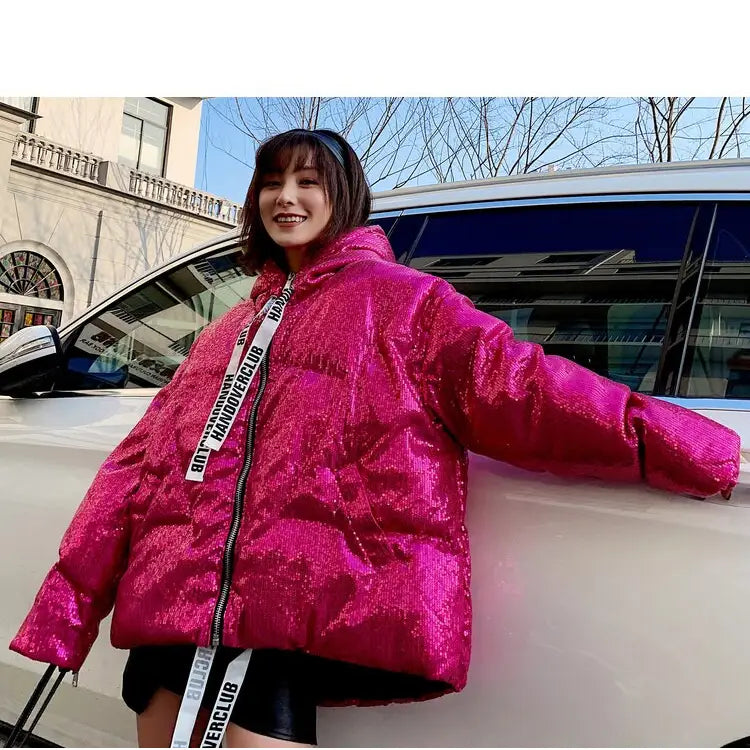 Pink Full Sequins Hologram Winter Hooded Coat