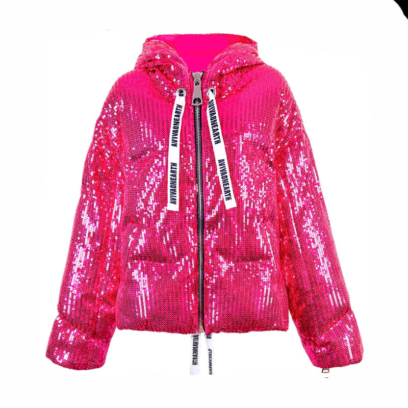 Pink Full Sequins Hologram Winter Hooded Coat