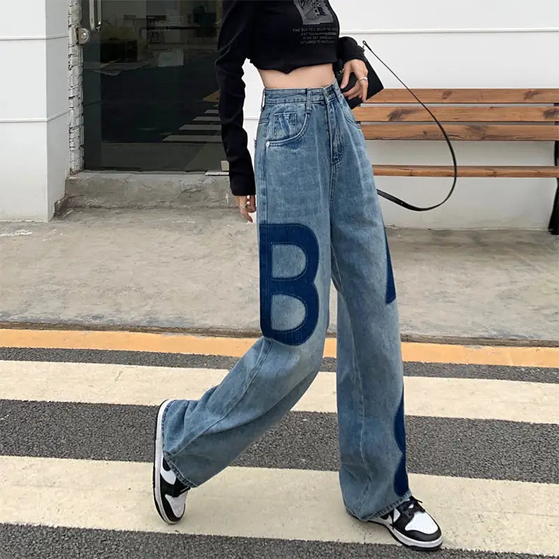 Pink Graphic Y2K Jeans High Waist Loose Fit Cotton Blend