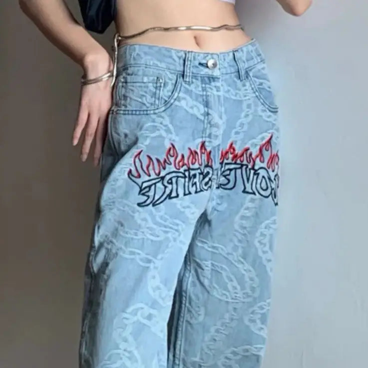 Pink Graphic Y2K Jeans High Waist Loose Fit Cotton Blend