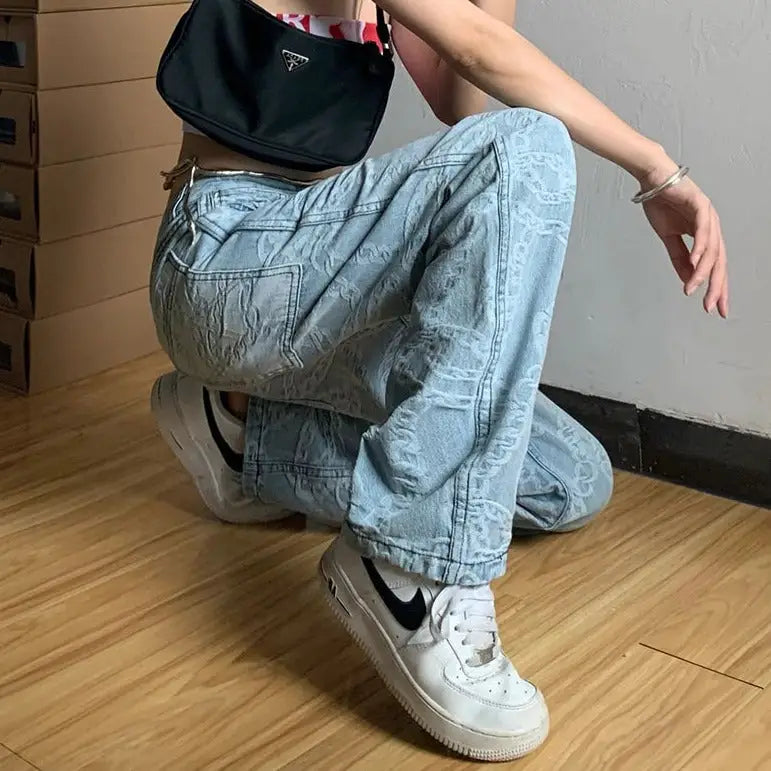 Pink Graphic Y2K Jeans High Waist Loose Fit Cotton Blend