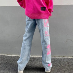 Pink Graphic Y2K Jeans High Waist Loose Fit Cotton Blend