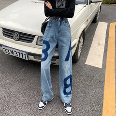 Pink Graphic Y2K Jeans High Waist Loose Fit Cotton Blend