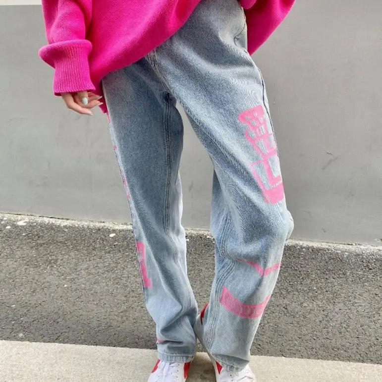 Pink Graphic Y2K Jeans High Waist Loose Fit Cotton Blend