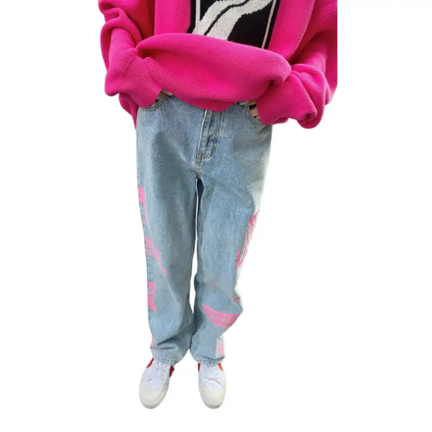 Pink Graphic Y2K Jeans High Waist Loose Fit Cotton Blend