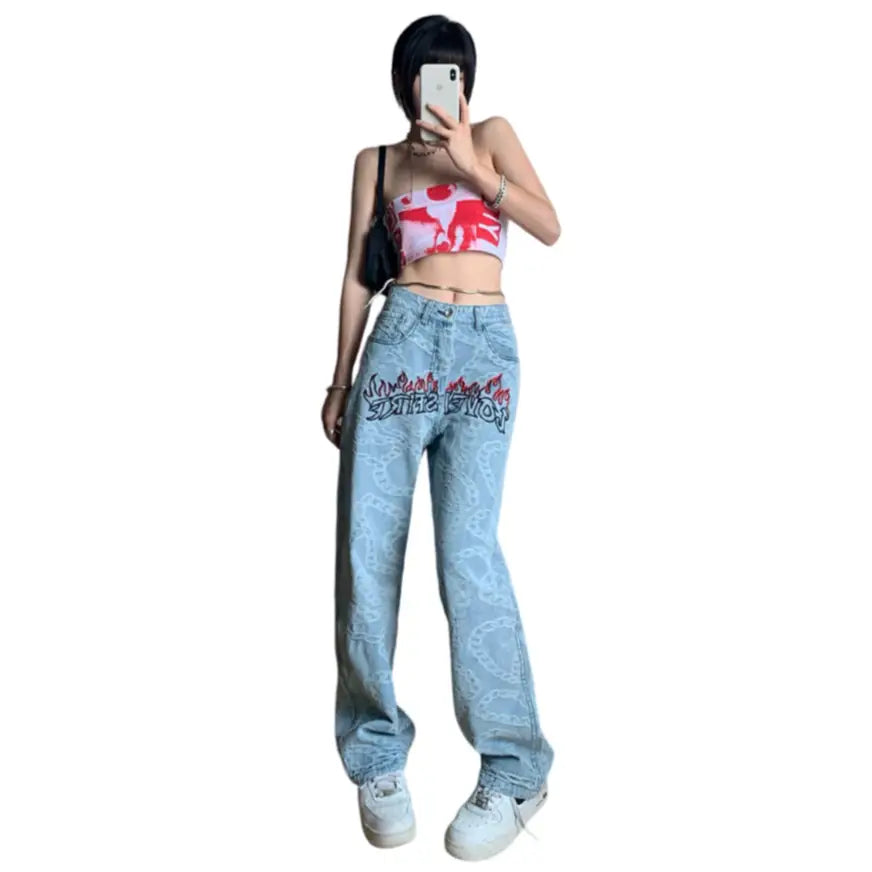 Pink Graphic Y2K Jeans High Waist Loose Fit Cotton Blend