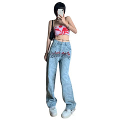 Pink Graphic Y2K Jeans High Waist Loose Fit Cotton Blend