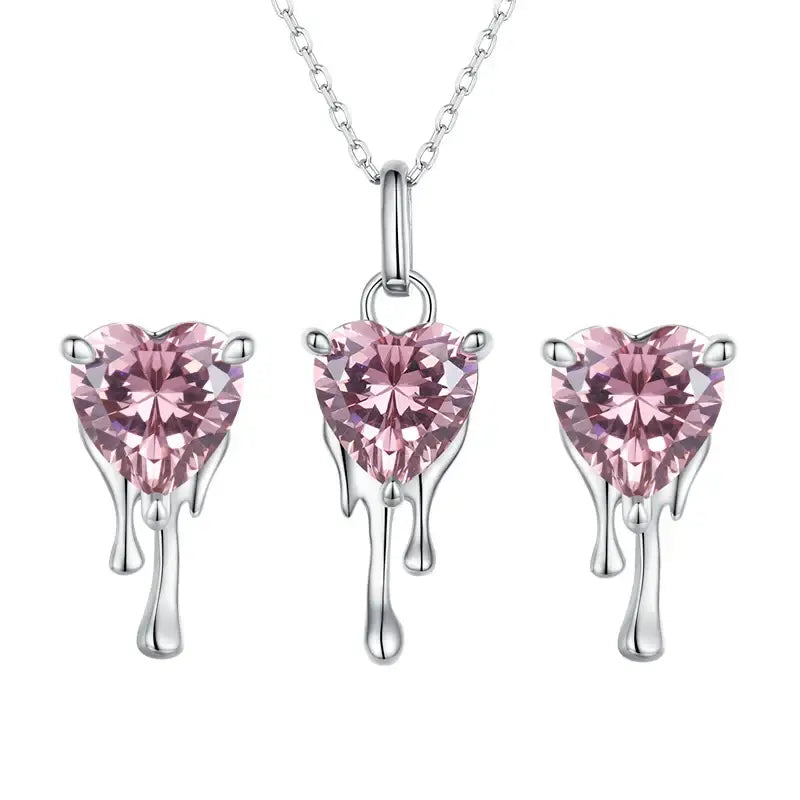 Pink Heart Crystal Drop Earrings and Necklace Set
