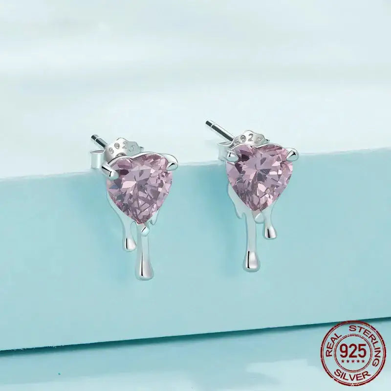 Pink Heart Crystal Drop Earrings and Necklace Set