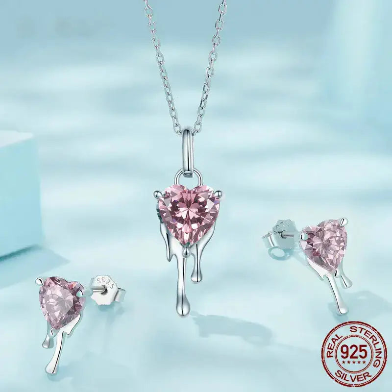 Pink Heart Crystal Drop Earrings and Necklace Set