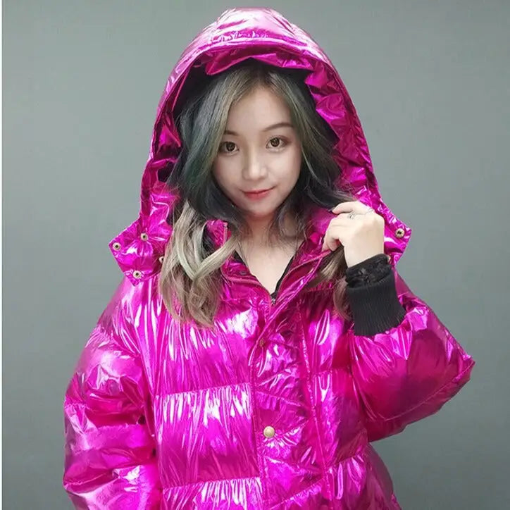 Pink Hologram Winter Hooded Padded Long Coat