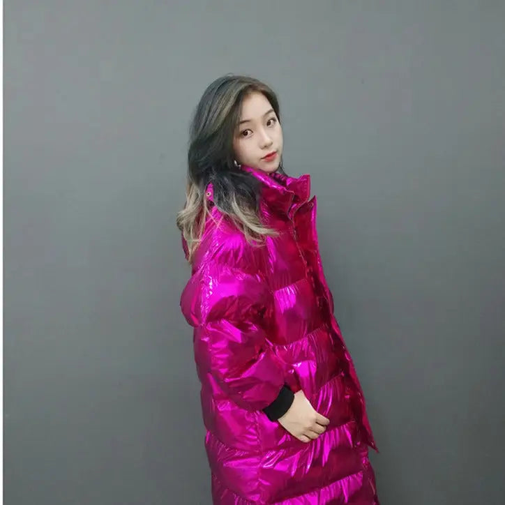 Pink Hologram Winter Hooded Padded Long Coat