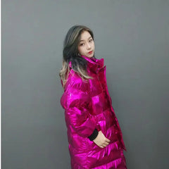 Pink Hologram Winter Hooded Padded Long Coat