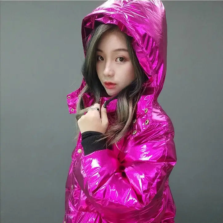 Pink Hologram Winter Hooded Padded Long Coat