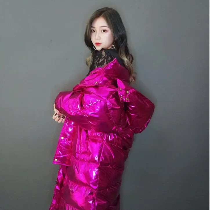 Pink Hologram Winter Hooded Padded Long Coat