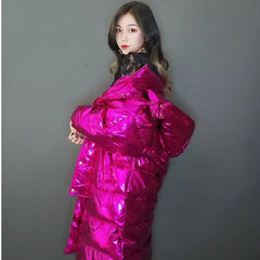 Pink Hologram Winter Hooded Padded Long Coat