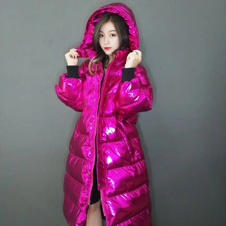 Pink Hologram Winter Hooded Padded Long Coat