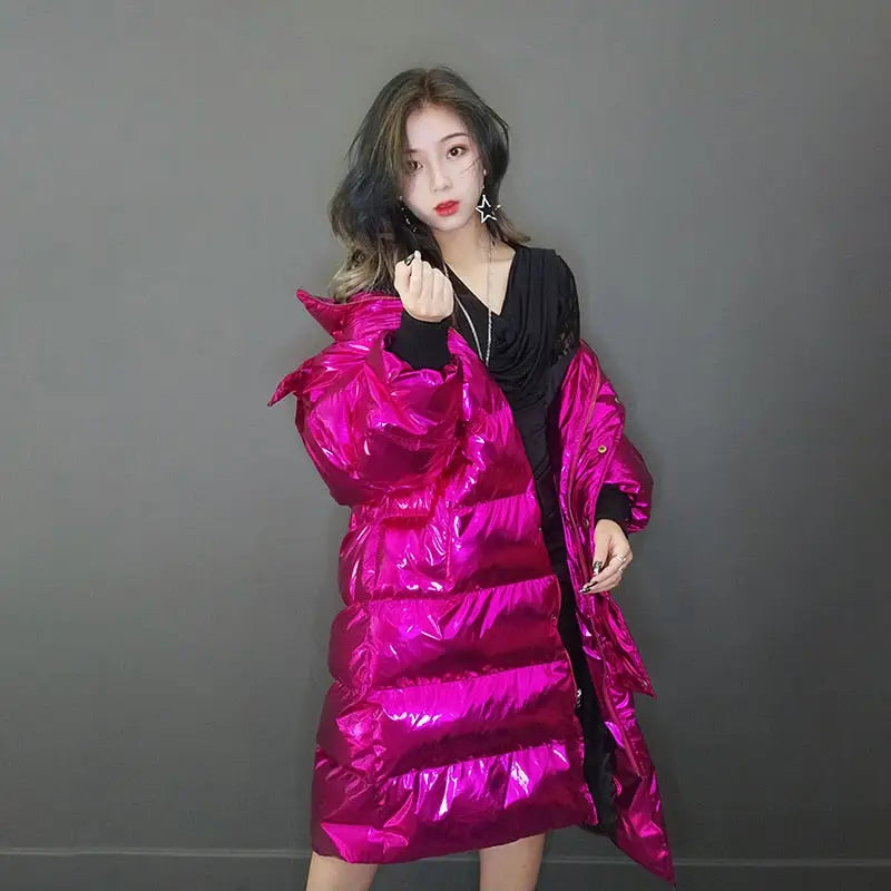 Pink Hologram Winter Hooded Padded Long Coat