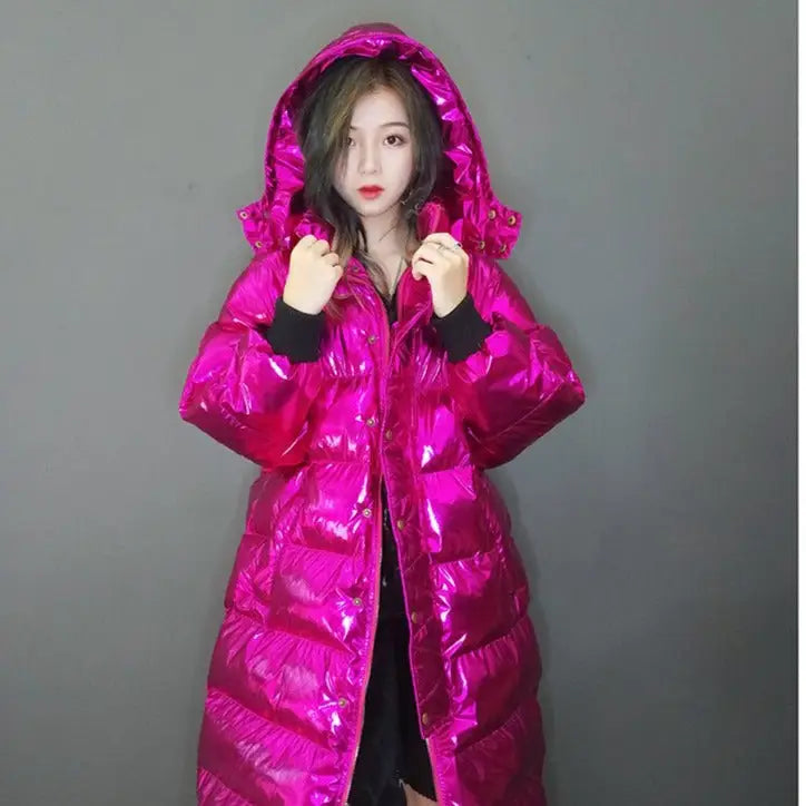 Pink Hologram Winter Hooded Padded Long Coat