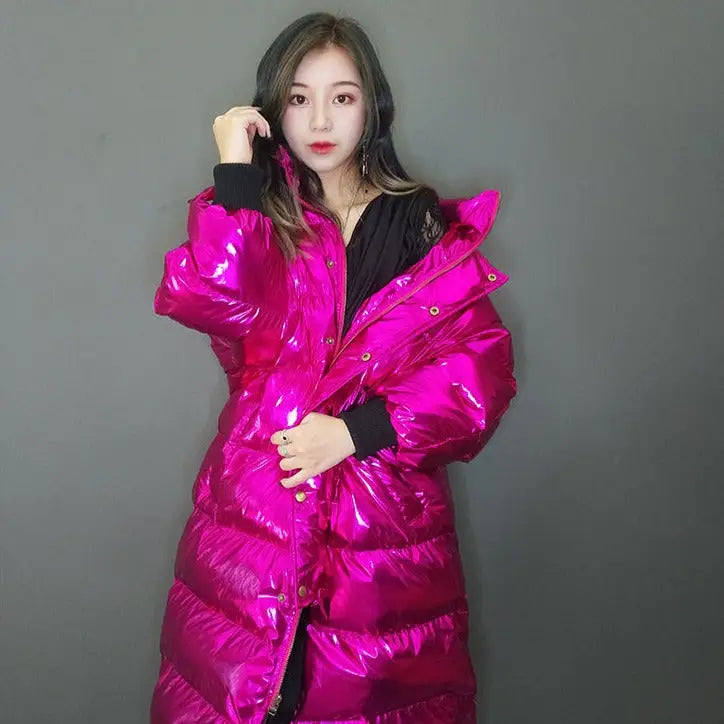 Pink Hologram Winter Hooded Padded Long Coat