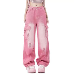 Pink Jeans High Waist Wide Leg Hip Hop Pants
