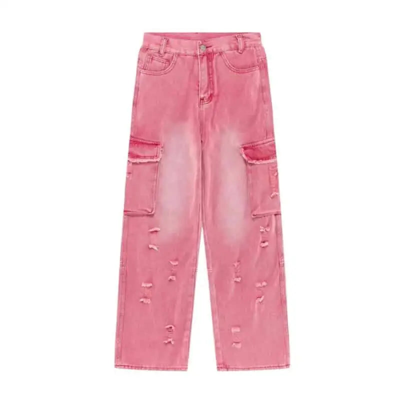Pink Jeans High Waist Wide Leg Hip Hop Pants / S