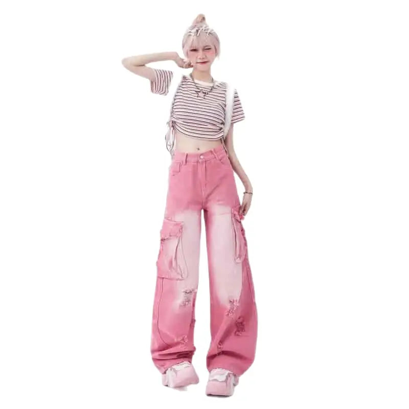 Pink Jeans Hip Hop Style High Waist Wide Leg Straight Pants
