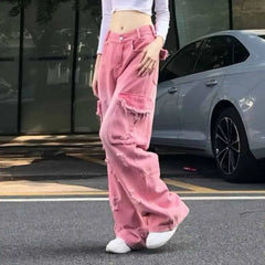 Pink Jeans Hip Hop Style High Waist Wide Leg Straight Pants