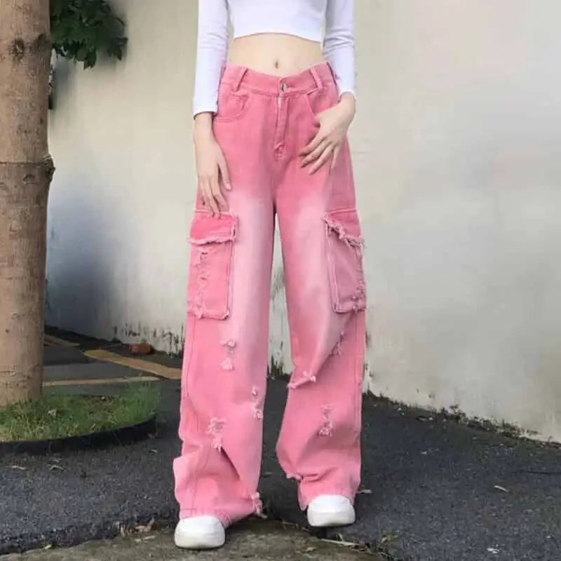 Pink Jeans Hip Hop Style High Waist Wide Leg Straight Pants